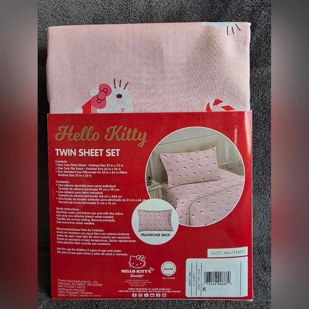 New pink Hello Kitty Twin Sheet Set Christmas candy cane Valentine's heart print